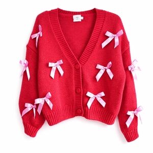 Anthropologie Luna Ivy Red Cardigan Adorned With Pink Bows. Sz.M Cozy